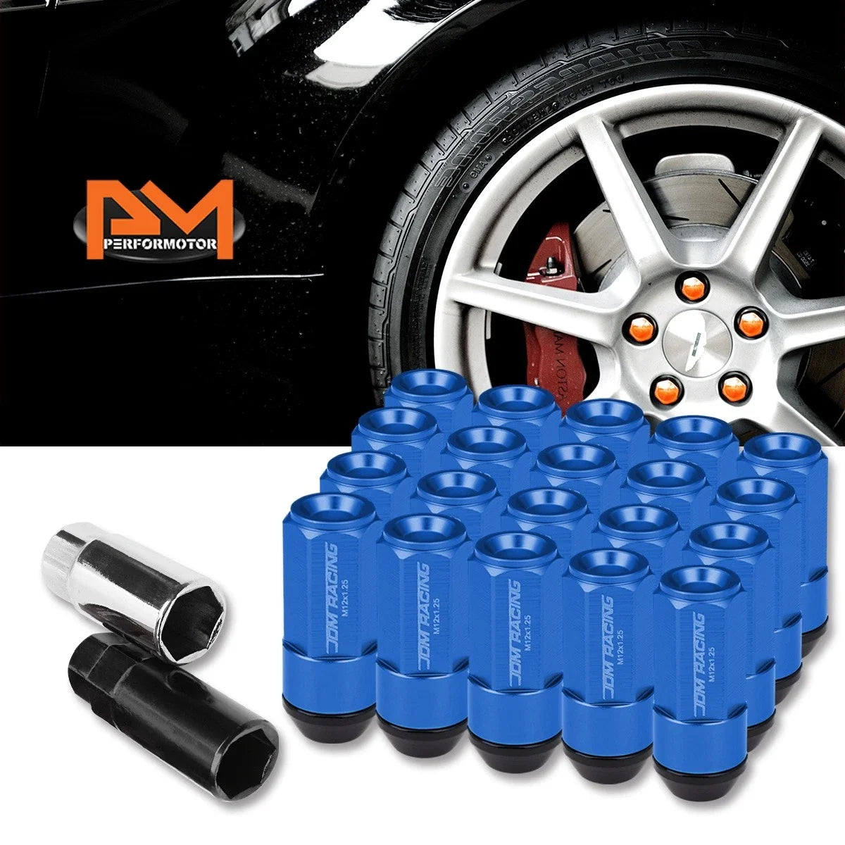 Set of 20 M12X1.25 Blue Cone Seat Hex Wheel Lug Nuts with Cap & Extension