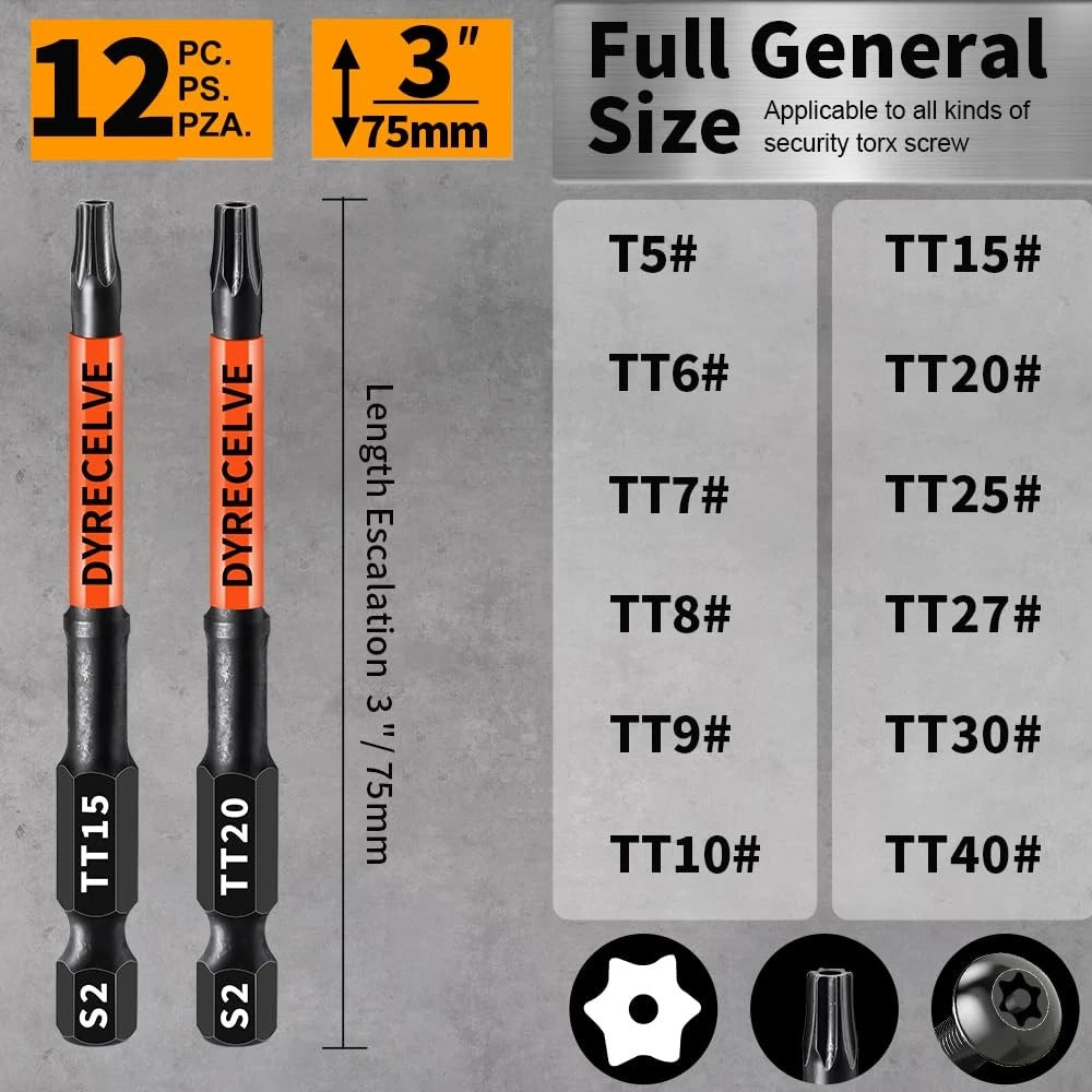 12-Pack Impact Security Torx Bit Set 3-Inch Long S2 Steel