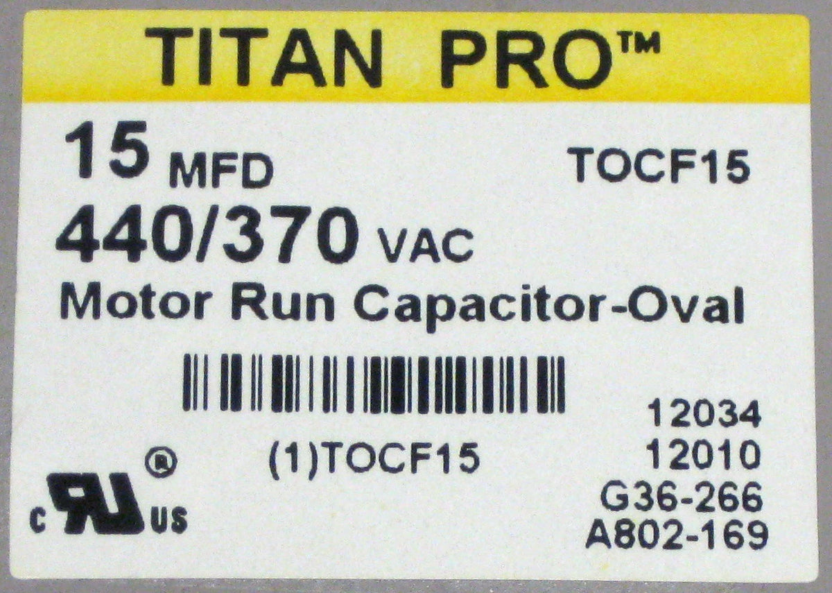 HVAC Motor Run Capacitor 15 MFD/UF 440/370 Volts for TitanPro TOCF15