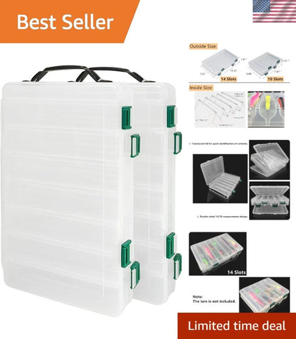 Set of 2 Lightweight Double-Sided Fishing Bait Storage Boxes with 14 Compartments