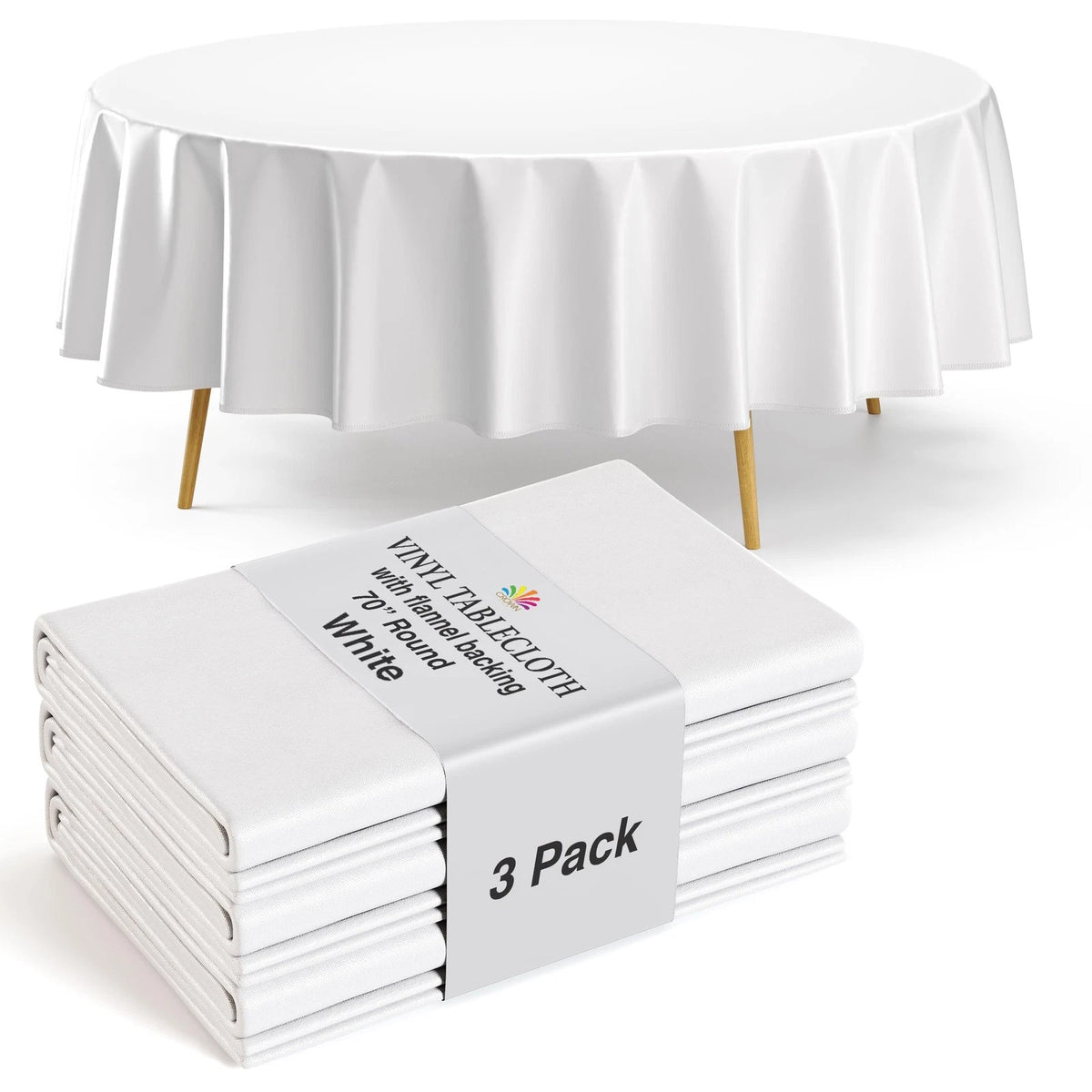 Pack of 3 White Vinyl Tablecloths - 70 in. Round