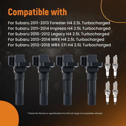 Set of 4 Ignition Coils + Spark Plugs for Subaru WRX STI 2.5L Turbo (2013–2018) 22433AA600