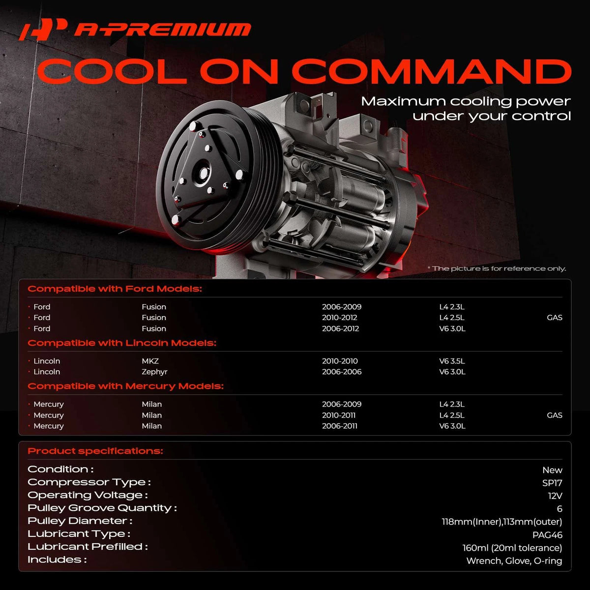 A-Premium A/C Compressor with Clutch for Ford Fusion Lincoln MKZ (2006–2012) 8E5Z19703A, 6E5Z19703A, 68669