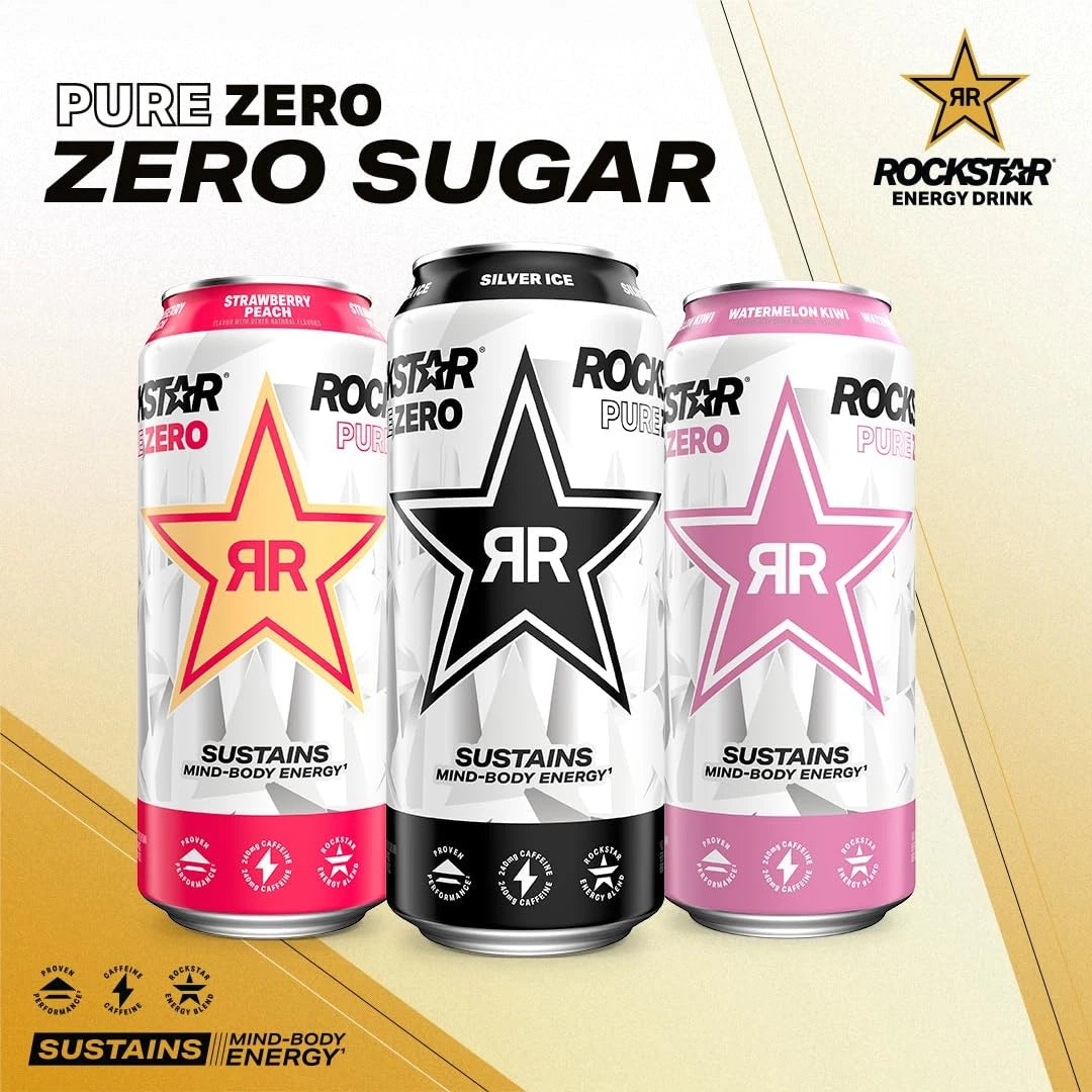 Pack of 12 Rockstar Pure Zero Energy Drink Tangerine Mango Guava 16 Fl Oz