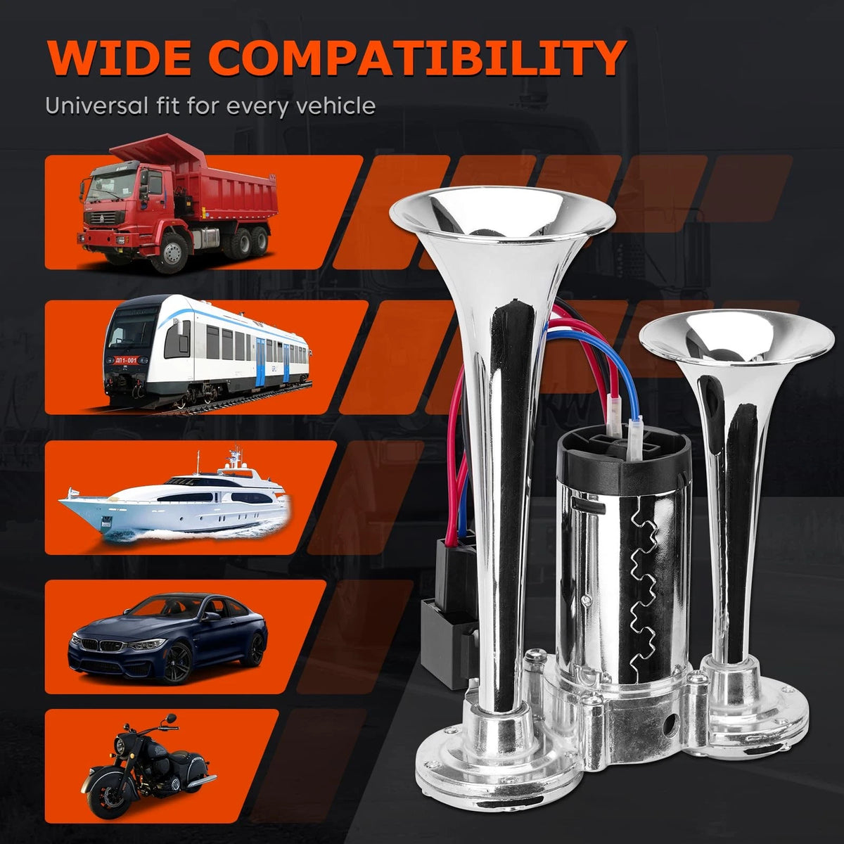 Dual Trumpet Air Horn for Universal Vehicles (12V) - Super Loud 600DB