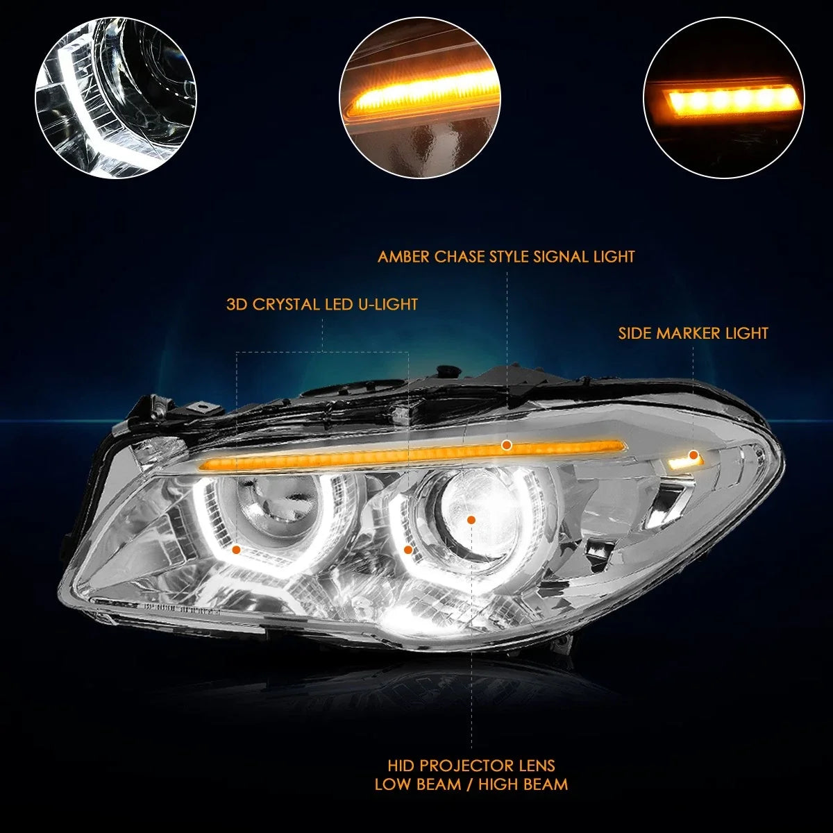 3D LED U-Halo Sequential Signal Lamp HID Projector Headlights for BMW F10 (2011–2013)