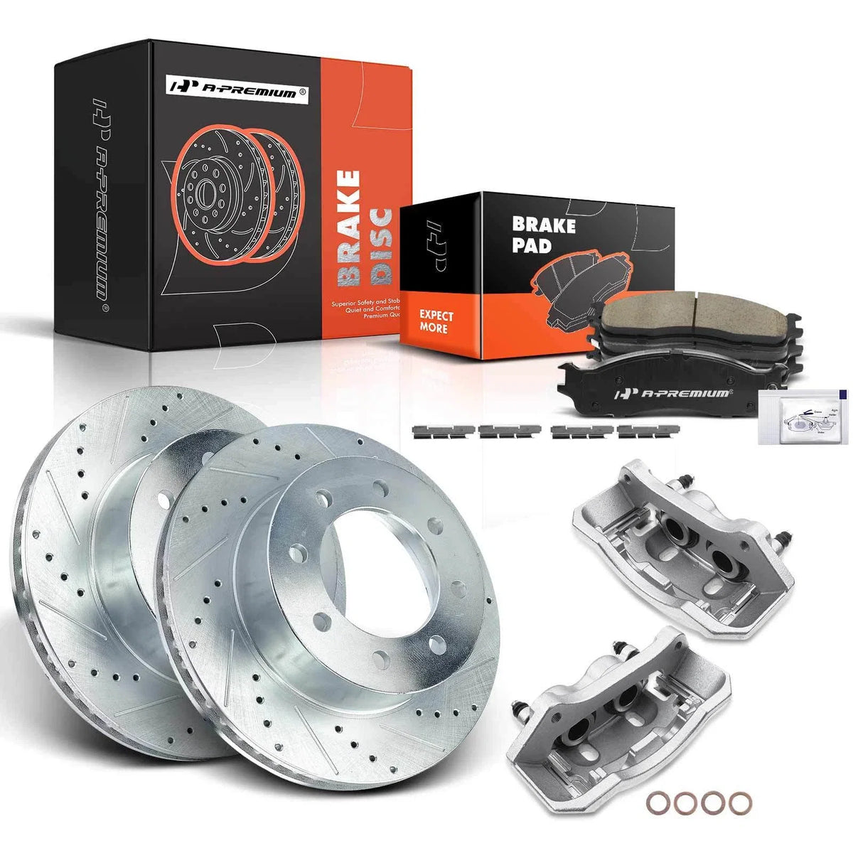 Set of 8 Front Drilled Rotors and Pads with Calipers for Dodge Ram 1500 2500 3500
