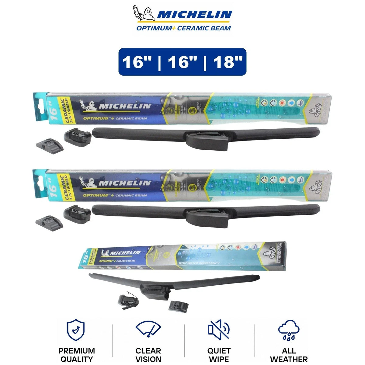 Set of 3 Michelin Optimum+ Ceramic Beam Wiper Blades for Ford (1979–1982)