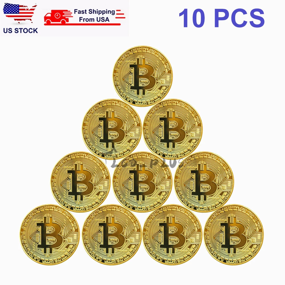 10 Pcs Commemorative Gold Plated Bitcoin Coins Collectible