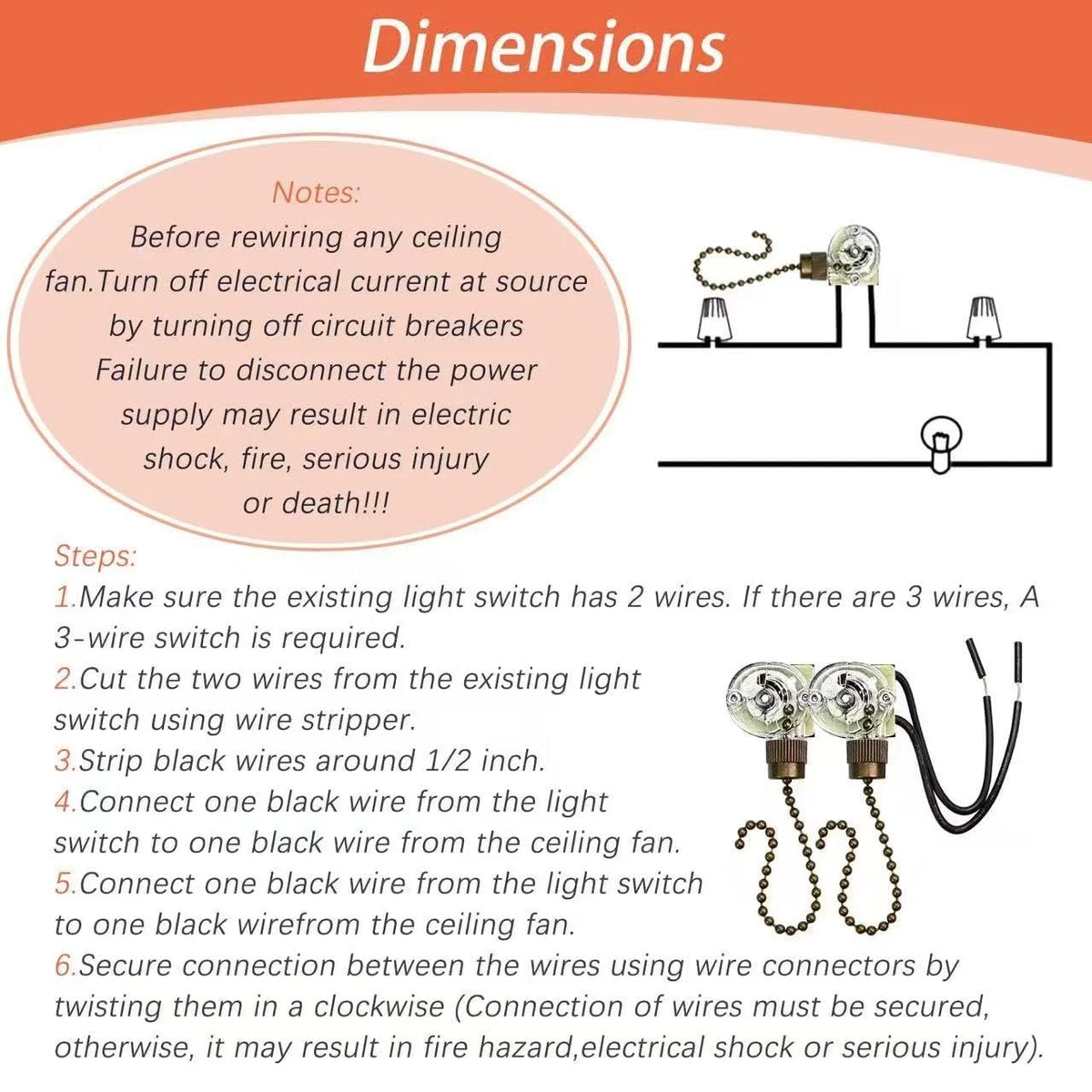 2X Fan Chain Pull Switch for Ceiling (Transparent)
