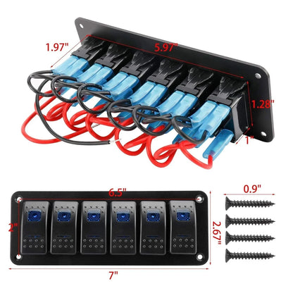 6 Gang Rocker Switch Panel for RV Car Boat Marine (12V/24V) - Blue LED