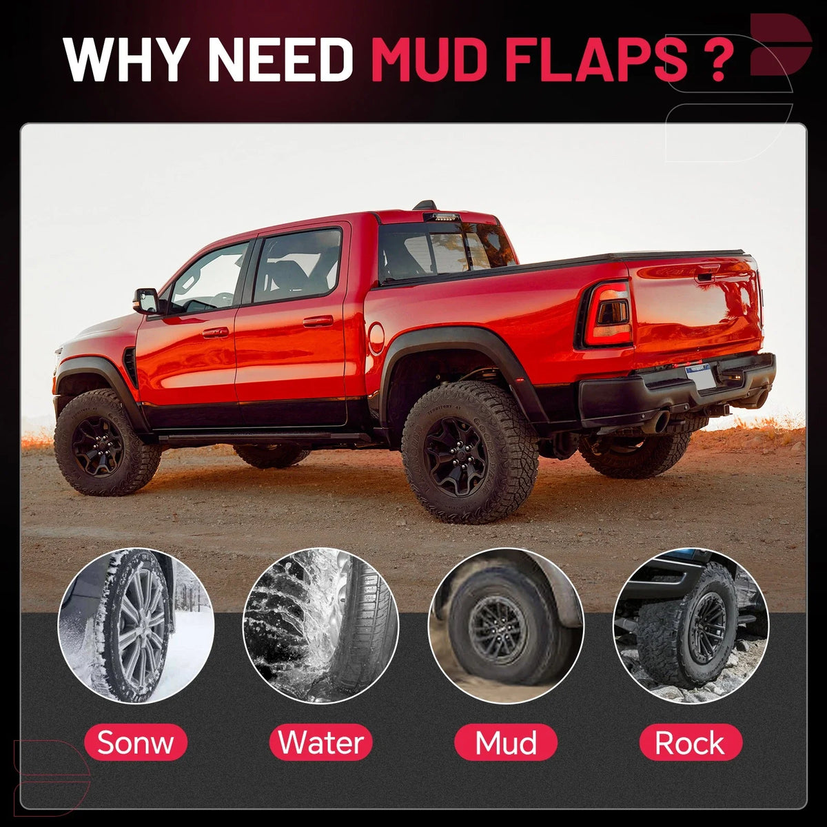 4x Splash Guards Mud Flaps for 2019–2023 Dodge Ram 1500 (W/O Fender Flares)