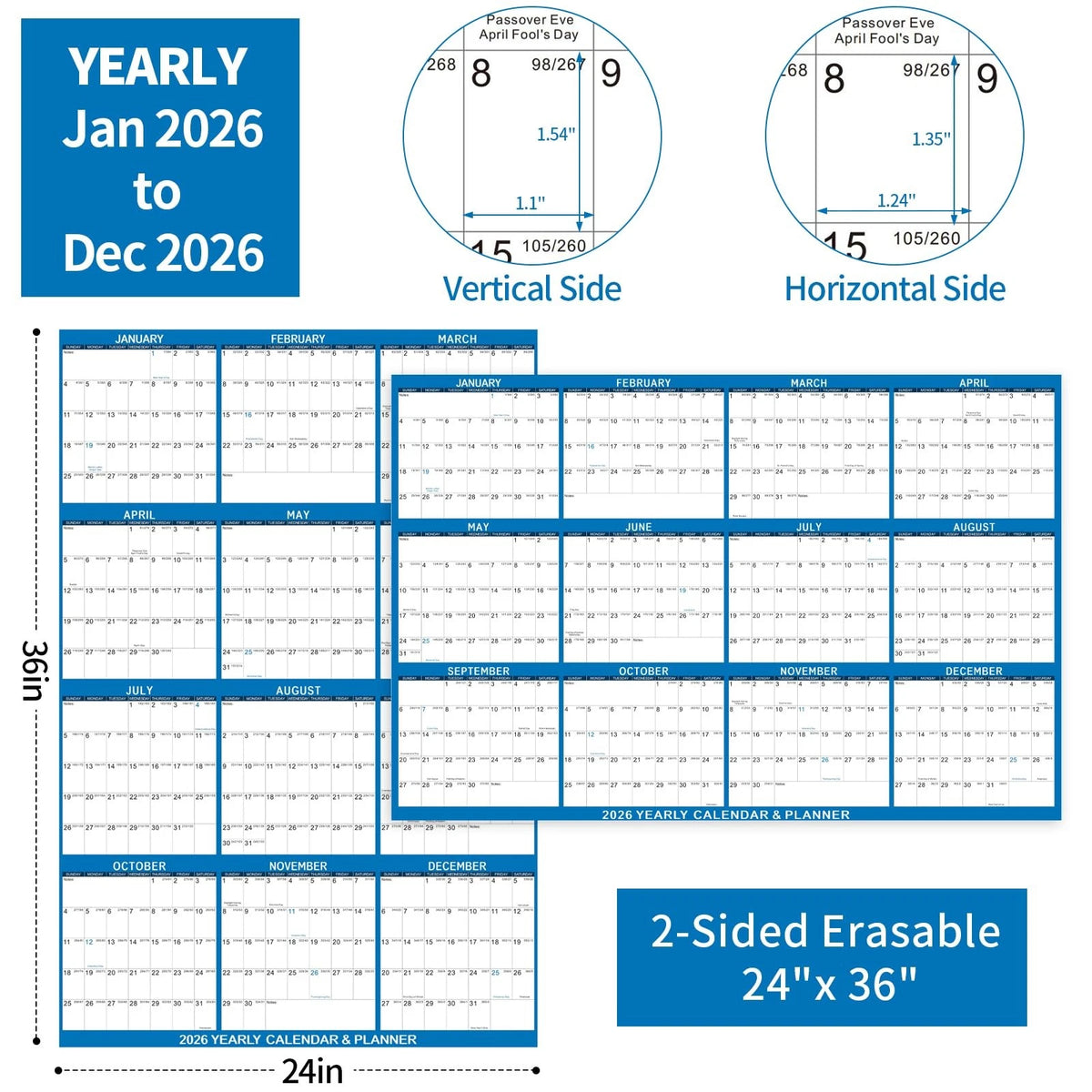 2026 Wall Calendar Dry Erase 24x36 Inch Annual Planner