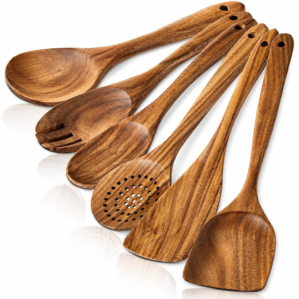 Set of 6 Wooden Cooking Spoons Heat Resistant Non-Stick Utensils