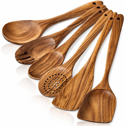 Set of 6 Wooden Cooking Spoons Heat Resistant Non-Stick Utensils