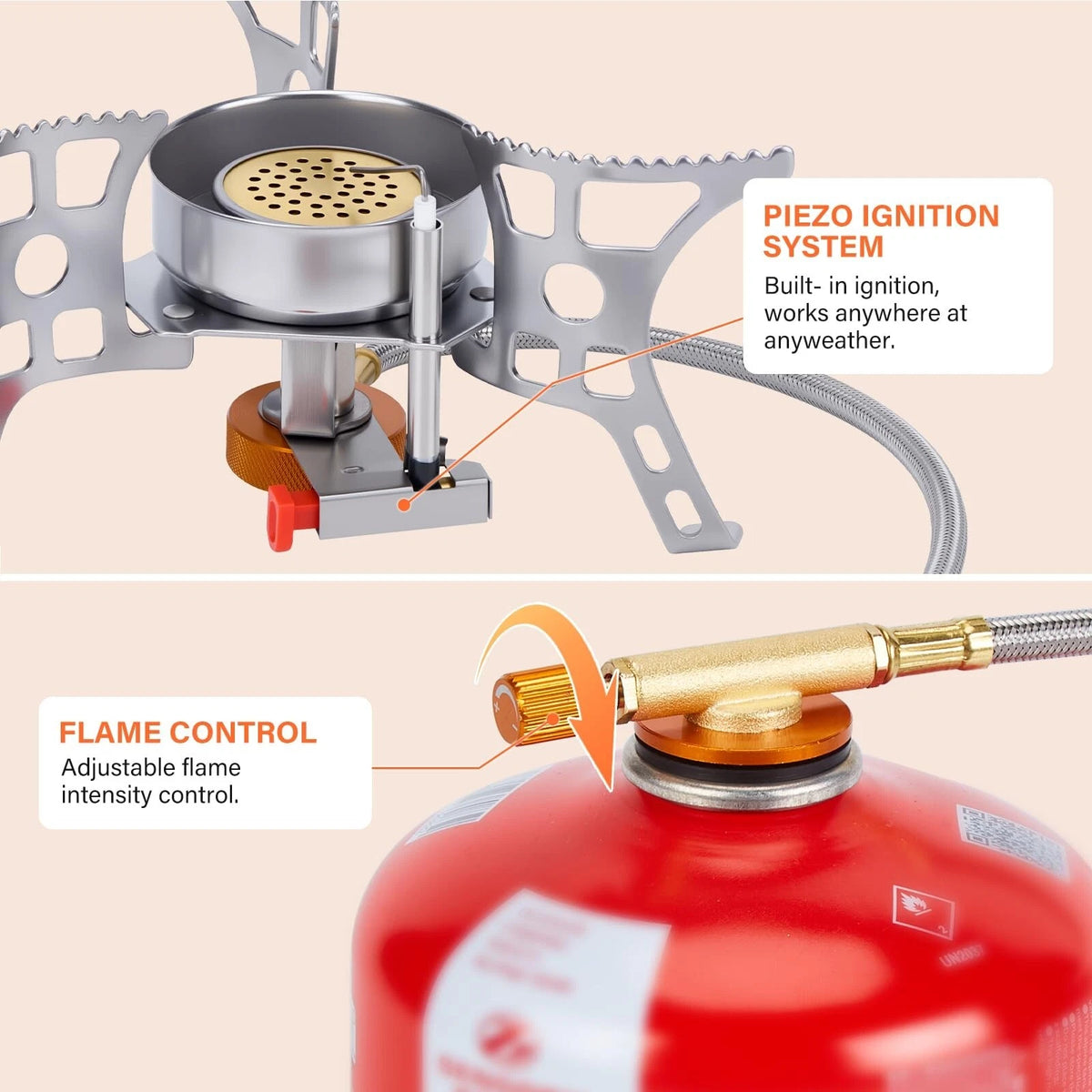 3900W Windproof Camping Stove with Piezo Ignition & Fuel Canister Adapter