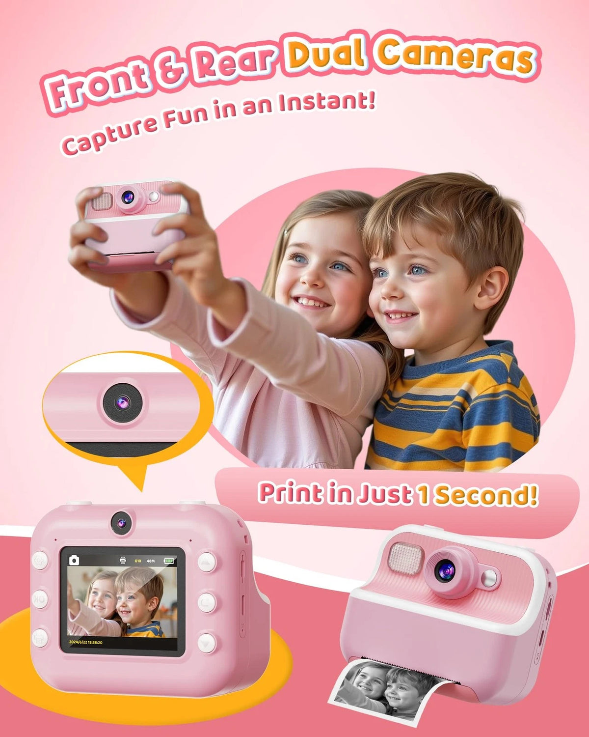 Dual Selfie Kids Camera for Instant Photography (1080P, Pink)