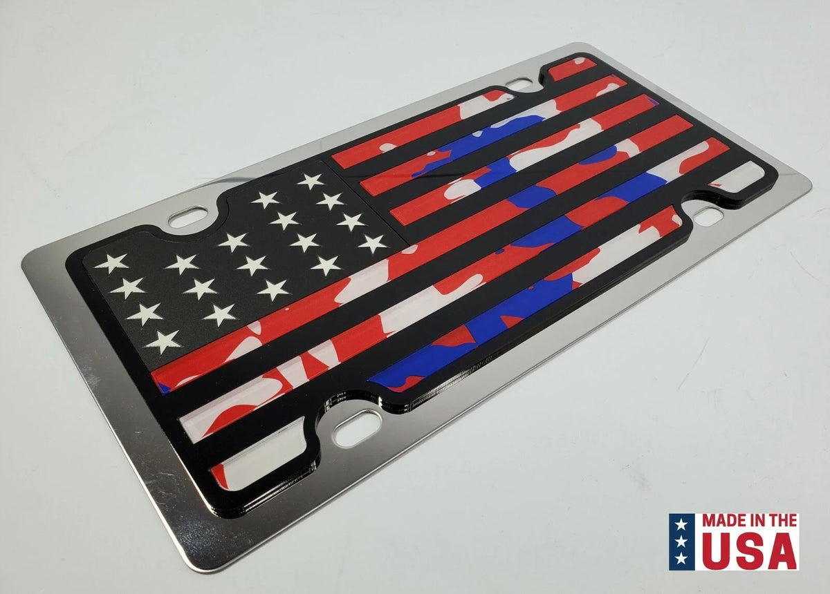 American Flag Metal Vanity License Plate Red White Blue Camo for Vehicles