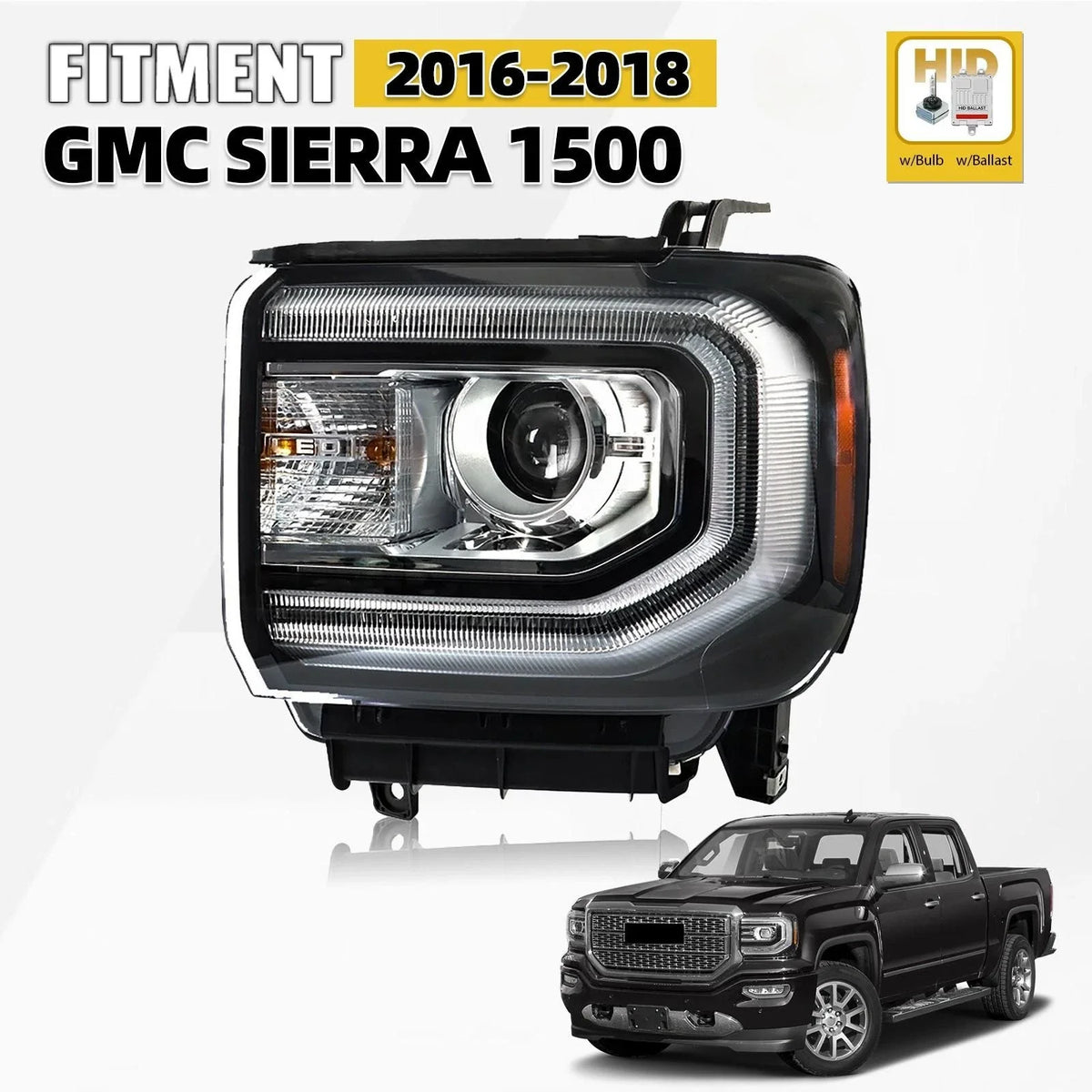 HID/Xenon Headlight with Bulb & Ballast for GMC Sierra 1500 (2016–2018)