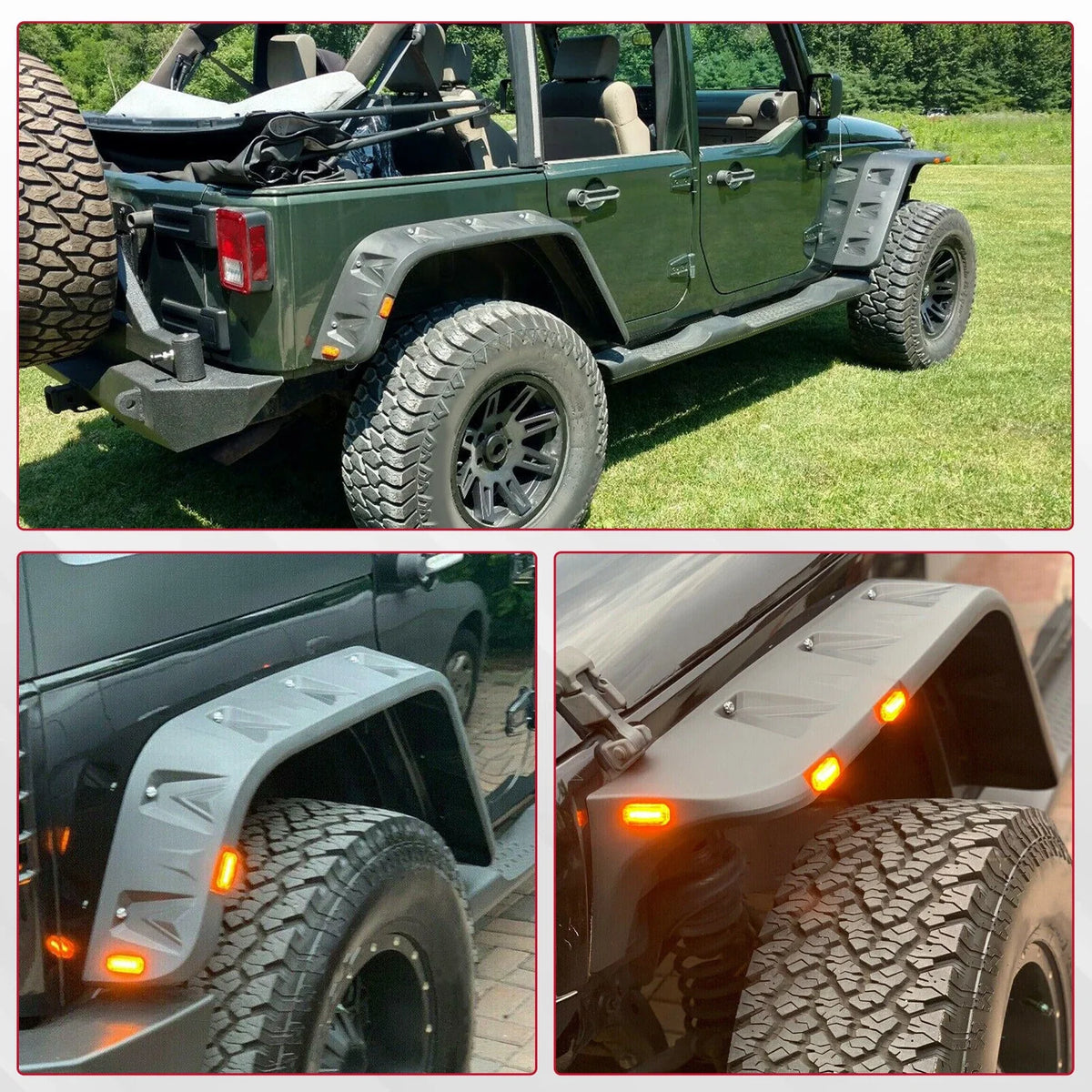 Set of 4 Pocket Rivet Style Smooth Fender Flares w/LED for Jeep Wrangler JK (2007–2018)