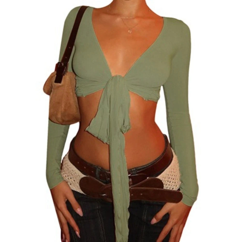 Women's V Neck Tie Front Long Sleeve Wrap Top Summer Blouse