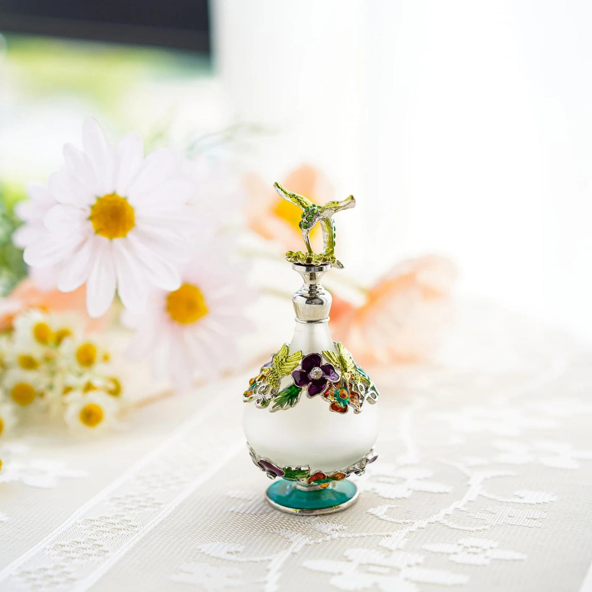 Hummingbird Flower Glass Perfume Bottle 0.8 Ounces, Clear