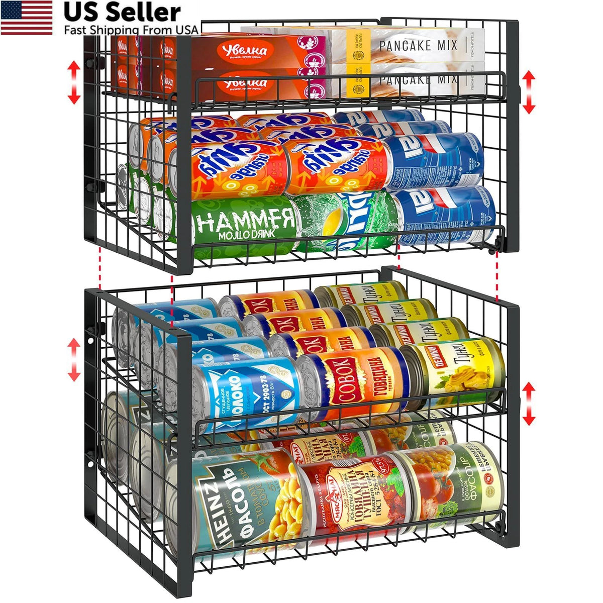 2X Stackable Can Rack Organizer for Pantry (2 Tier) - Black