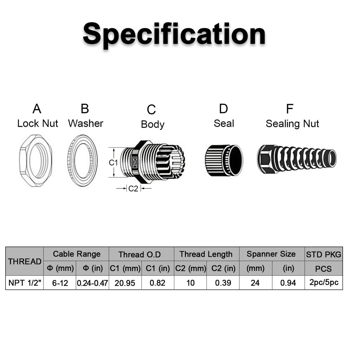 5Pcs NPT 1/2" IP68 Waterproof Cable Gland for Universal Applications