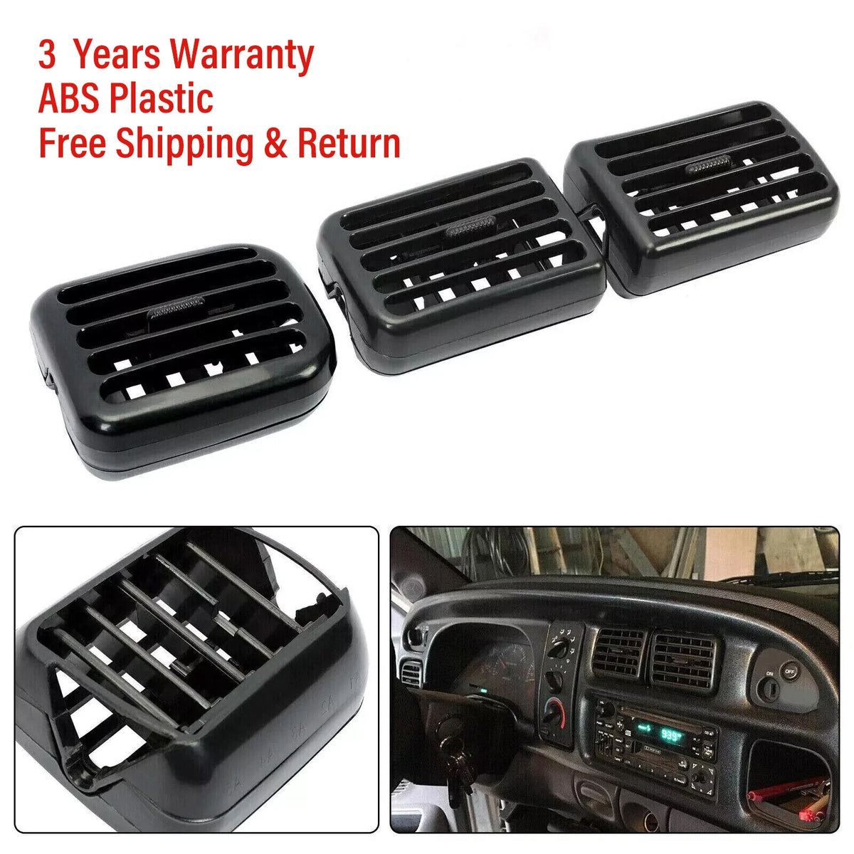 3PC A/C Air Heater Dash Bezel Vents for Dodge Ram 1500 2500 3500 (1998–2002)