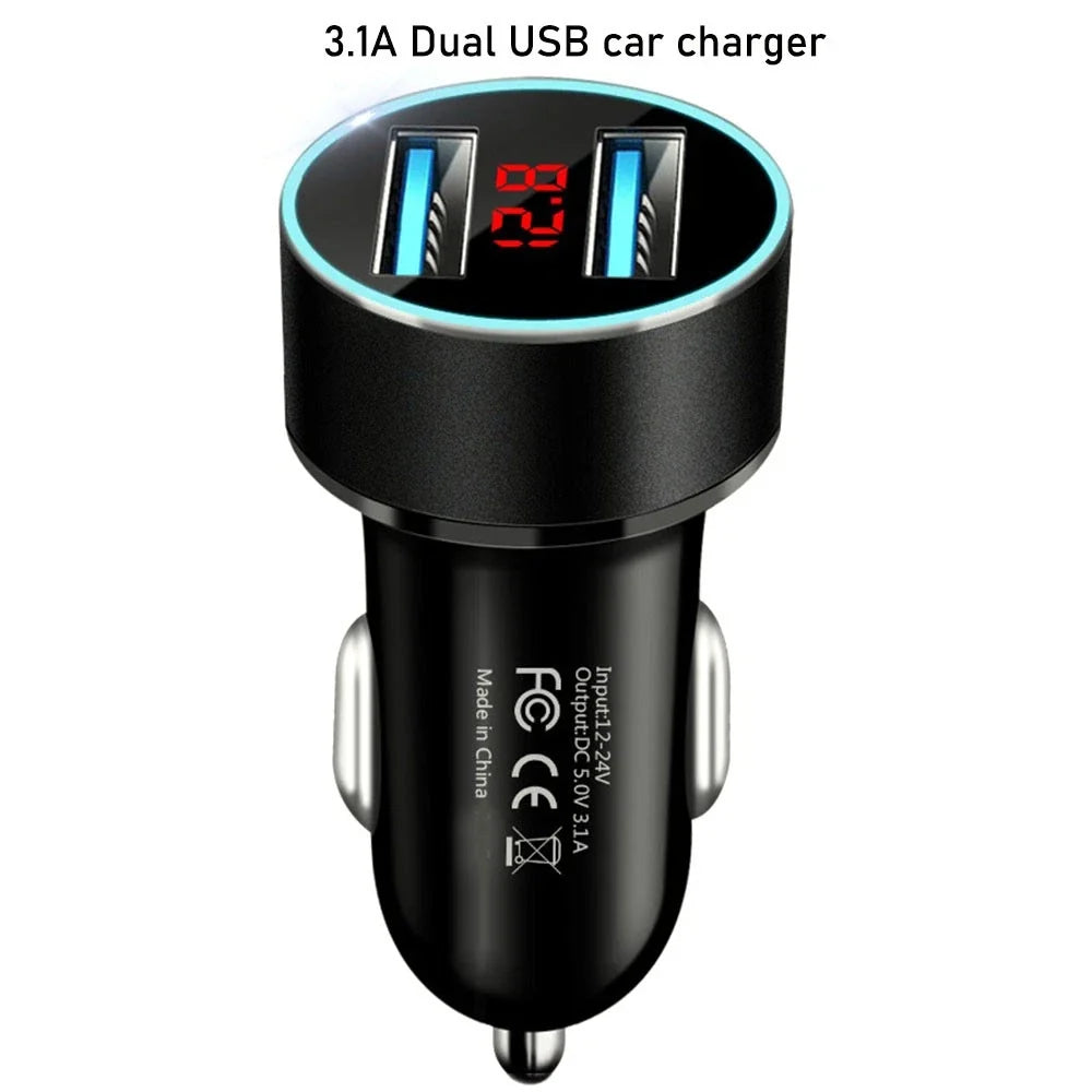 Dual USB Car Phone Charger with LED Display for Universal Use (2010–2023)