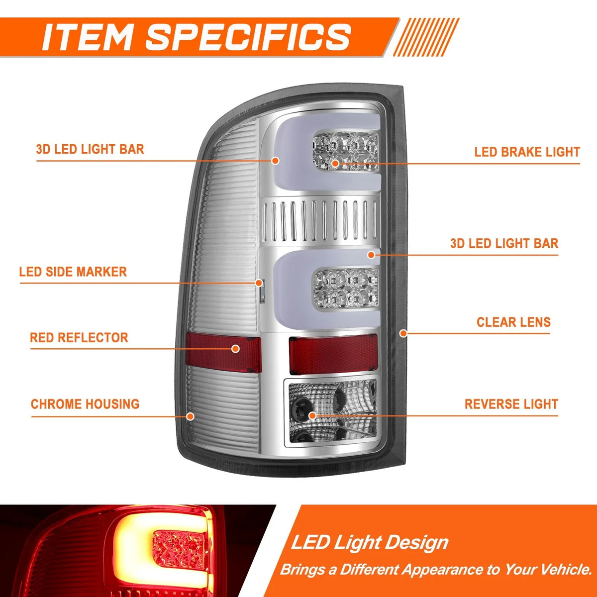 Dual 3D LED C-Tube Bar Tail Light Reverse/Stop Lamp for GMC Sierra (2007–2014)
