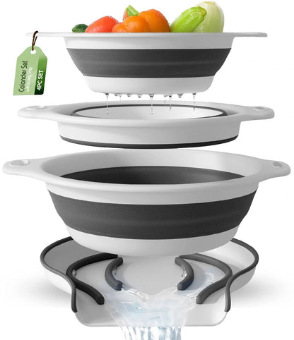 3X Collapsible Colanders for Food - Large, Medium, Small, White