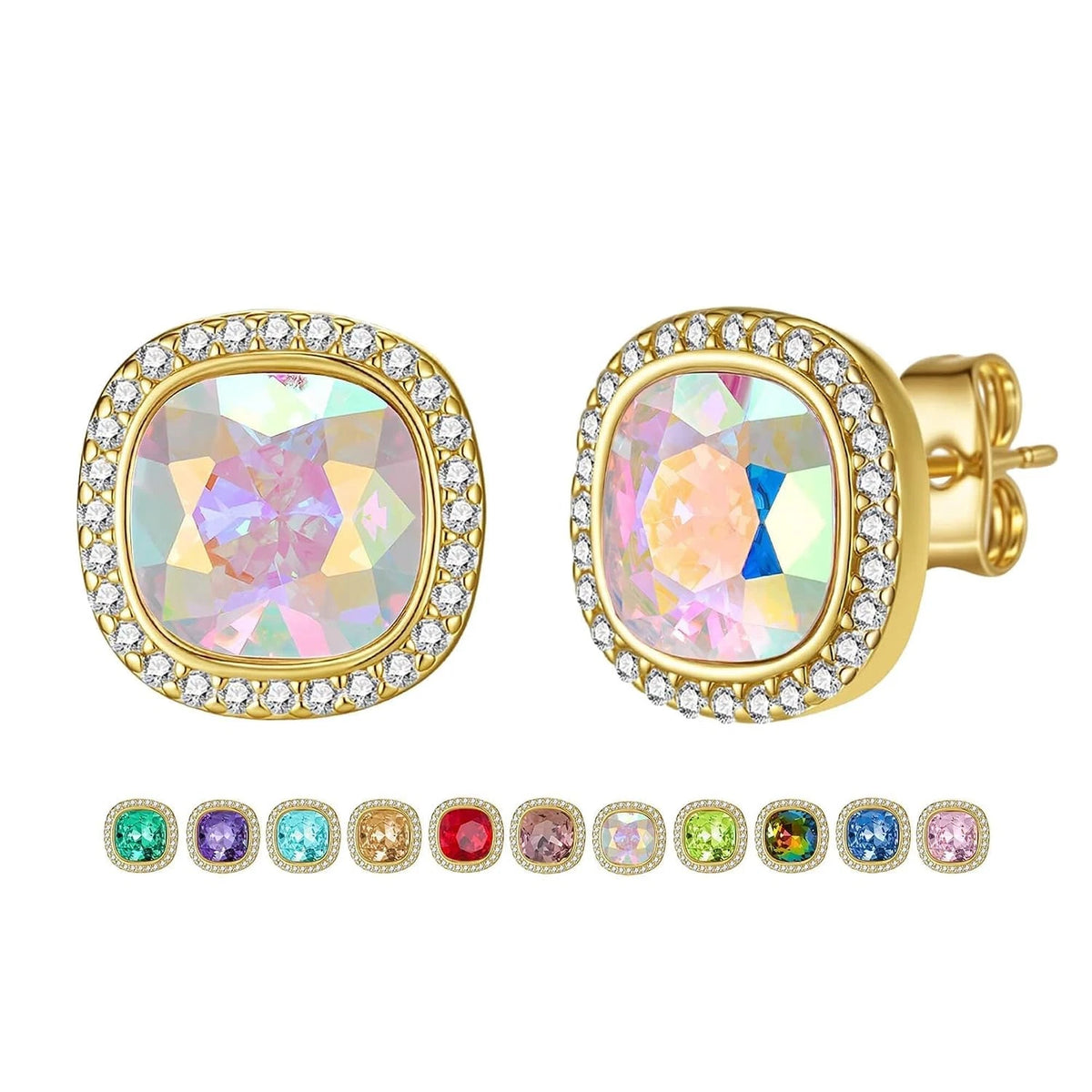 Set of 2 Austrian Crystal 14K Gold Plated Square Halo Stud Earrings