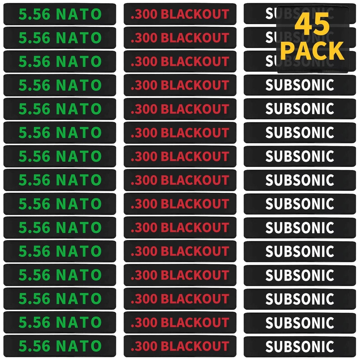 45 Pack Magazine Marking Black Base with Red/Green/White Lettering