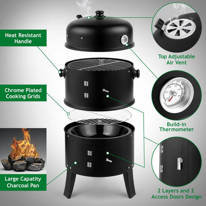 3-in-1 Portable Charcoal BBQ Smoker Grill for Outdoor Camping