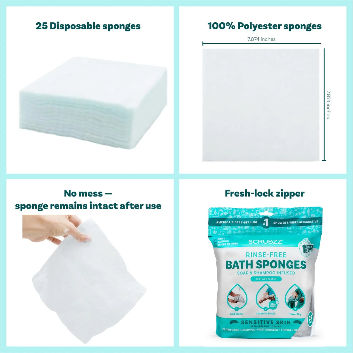Scrubzz Disposable No Rinse Bathing Wipes for Sensitive Skin (25 Count)