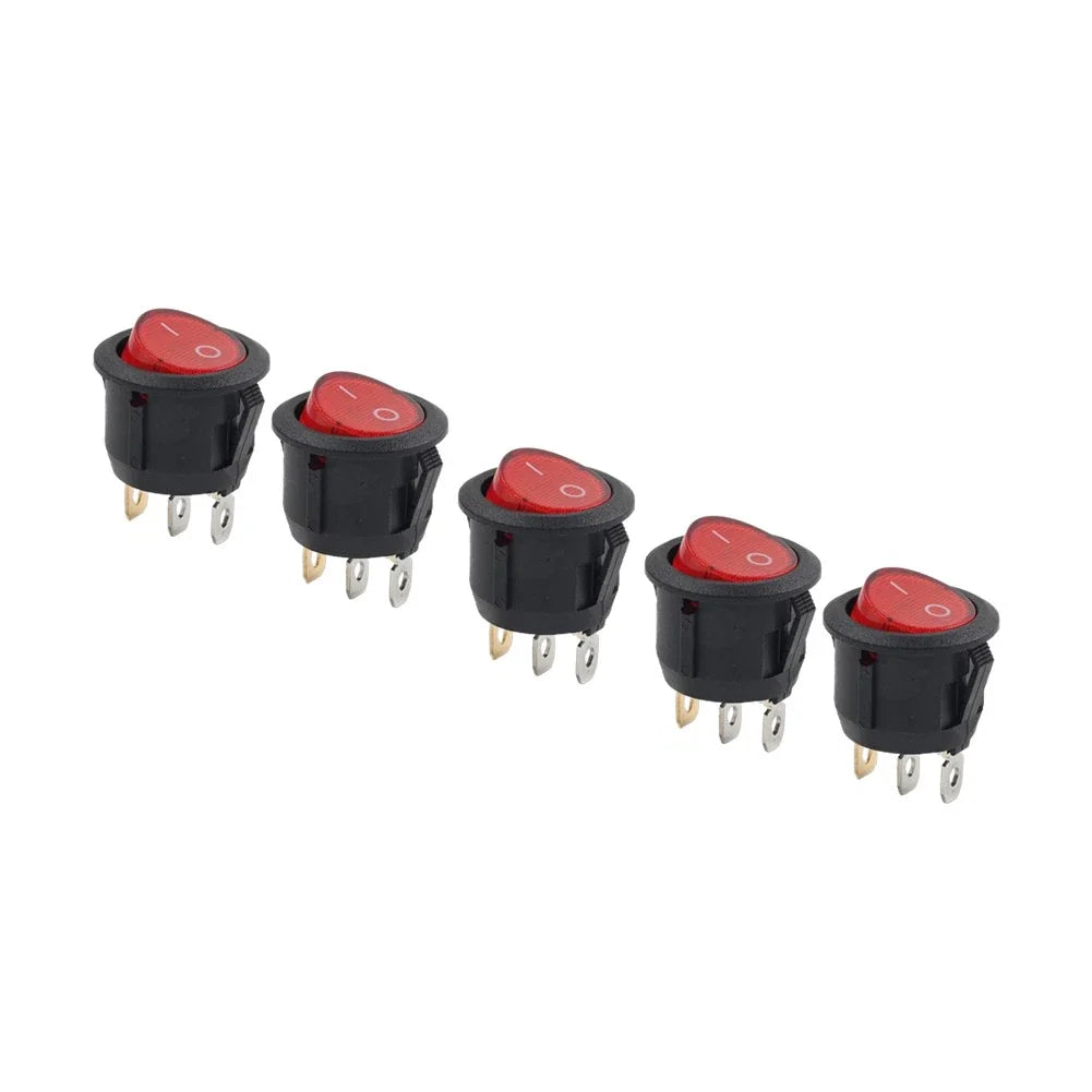 Set of 5 Round Red Lamp 3 Pins Boat Rocker Switch AC 6A 250V/10A 125V