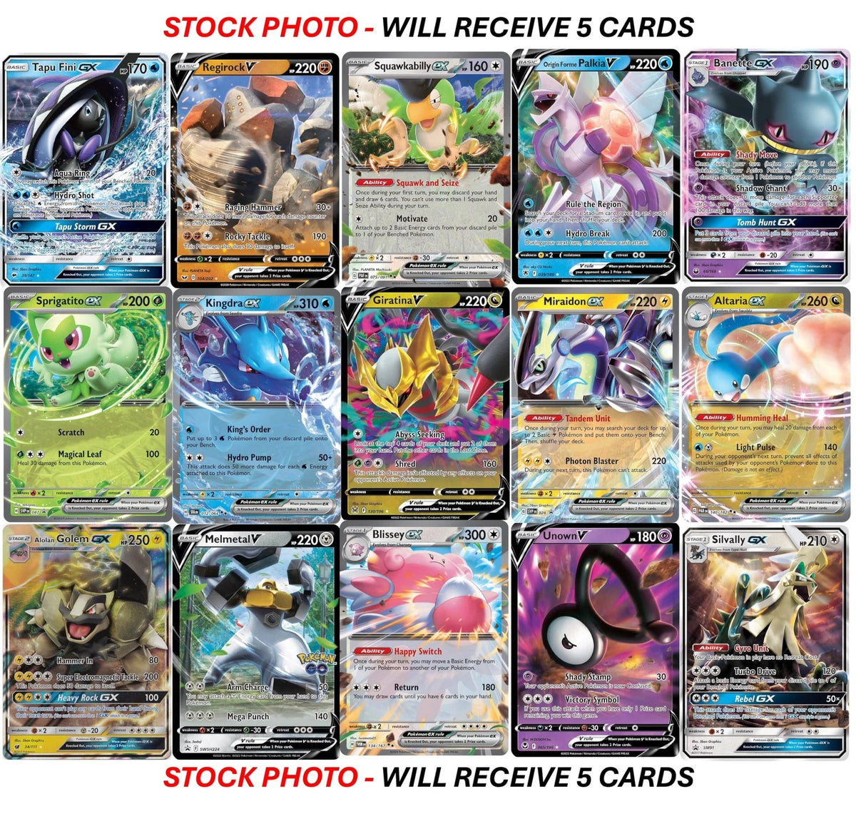 5 Ultra Rare Pokemon Card Lot - V, GX, EX, Standard Trading Size