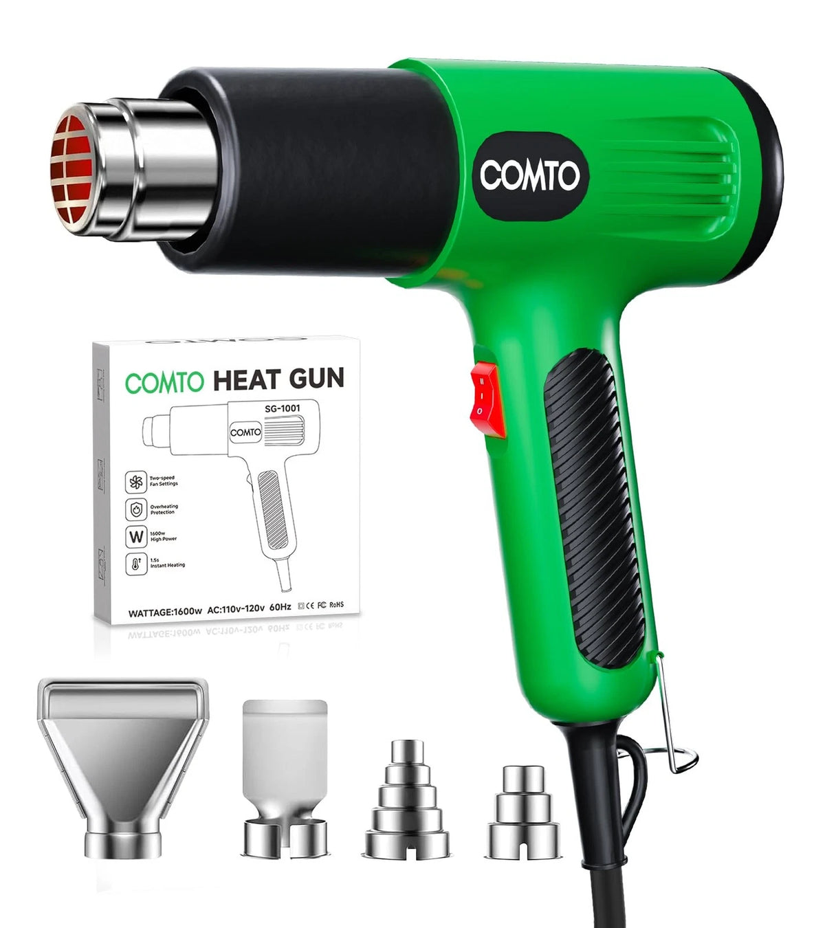1600W Heat Gun with 2 Temp Settings & 4 Nozzles for Automotive Use