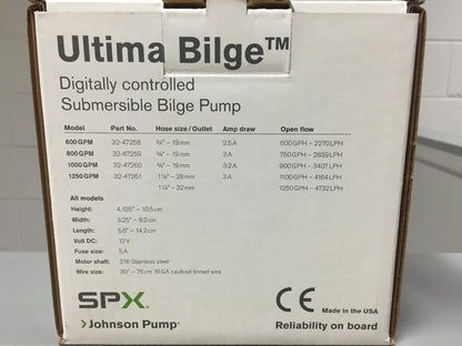 SPX Johnson Ultima Bilge Pump 12V 600 GPH for (32-47258, BLA 131830)