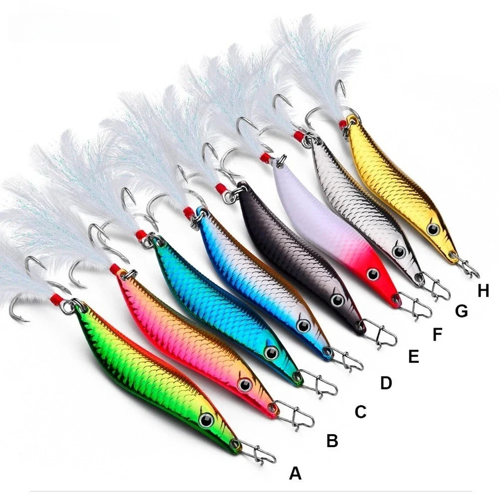 S Shape Metal Fishing Lure with Feather Treble Hook for Bass Pike Perch