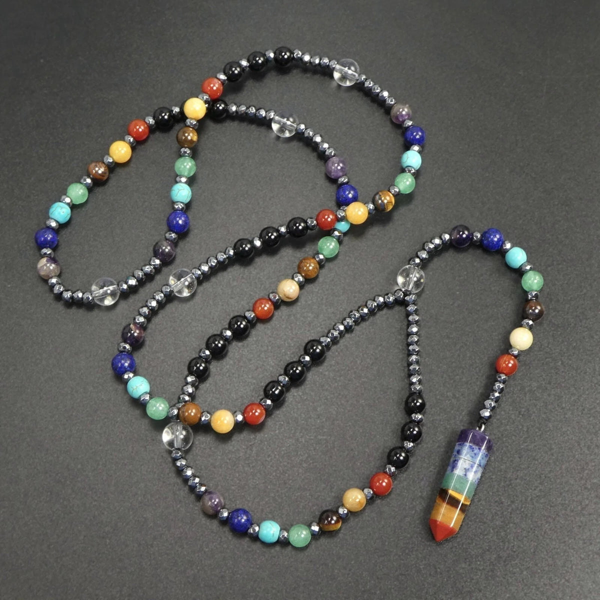 7 Chakras Crystal Point Pendant Necklace 30” Long Multicolor Gemstone