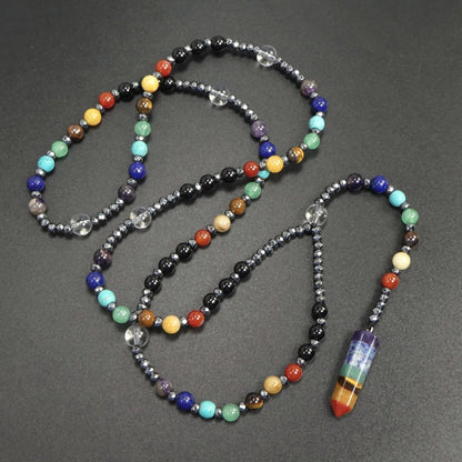 7 Chakras Crystal Point Pendant Necklace 30” Long Multicolor Gemstone
