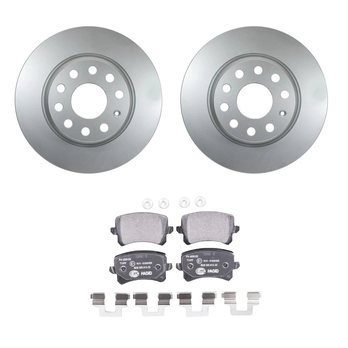 Hella Rear Rotors & Low-Met Disc Brake Pad Kit for Audi Q3, VW CC, Passat, Tiguan