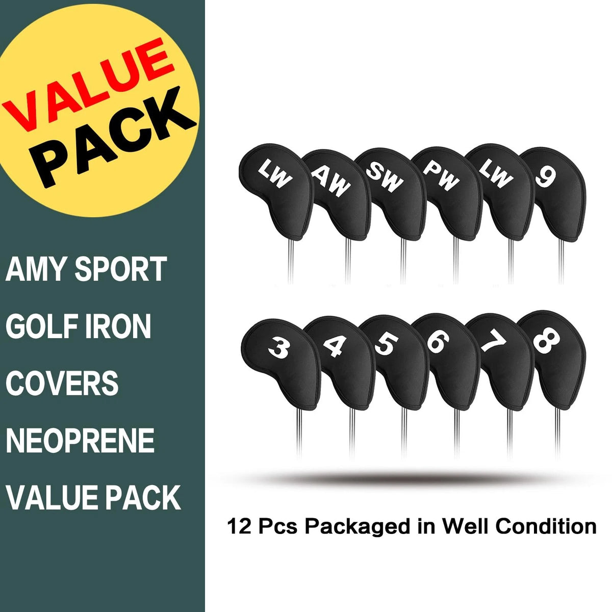 Set of 12 Neoprene Iron Covers for Golf Clubs - Black