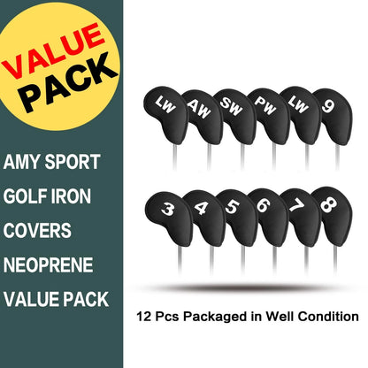Set of 12 Neoprene Iron Covers for Golf Clubs - Black