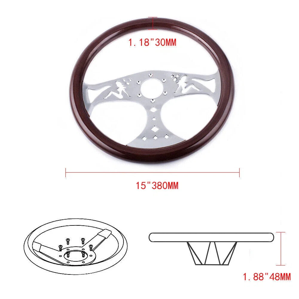15" Classic Mahogany Wood Grain Steering Wheel for Universal Fit