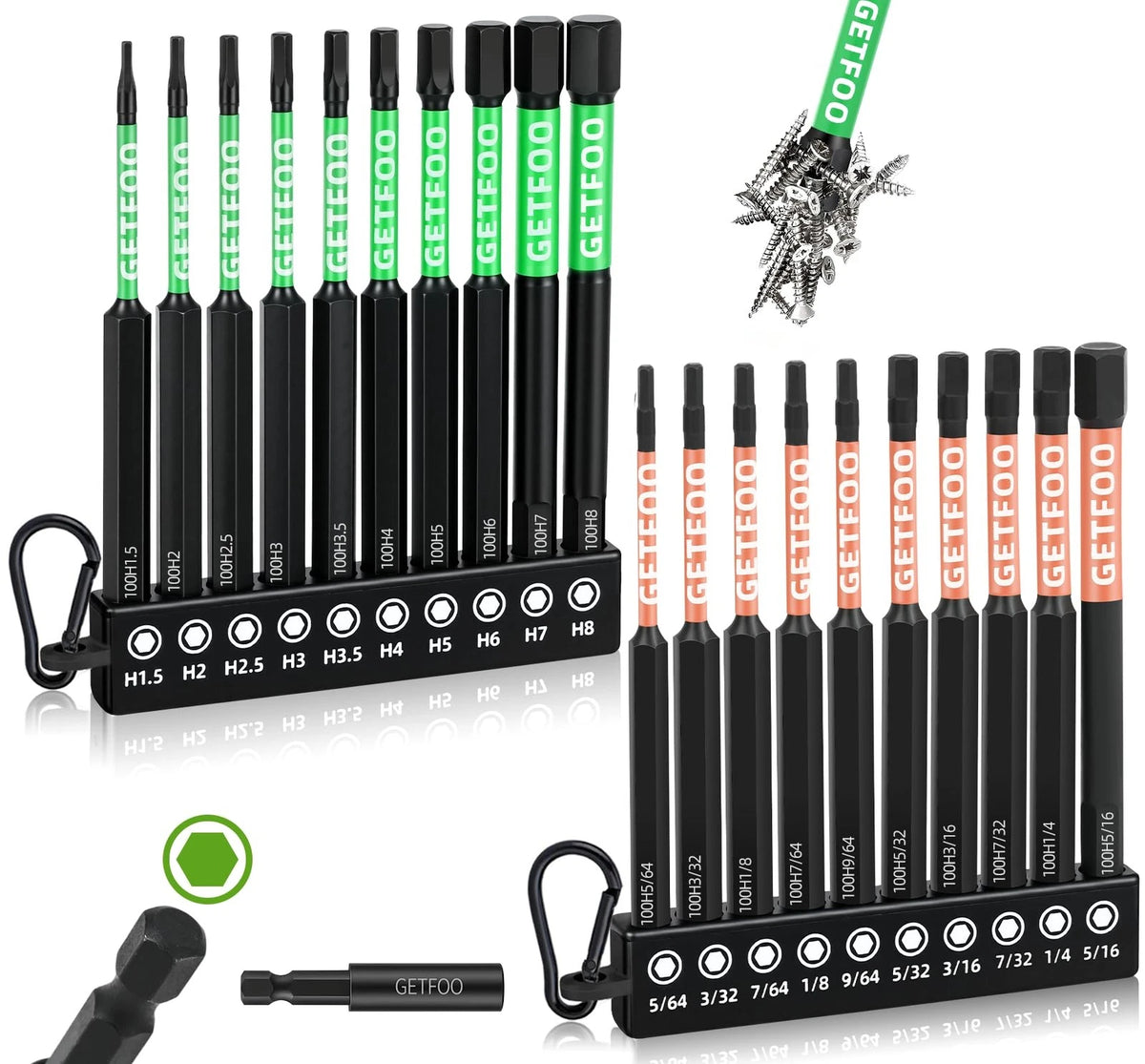 20 Piece 4" Long Hex Bits Set for Automotive Use (Metric & SAE)