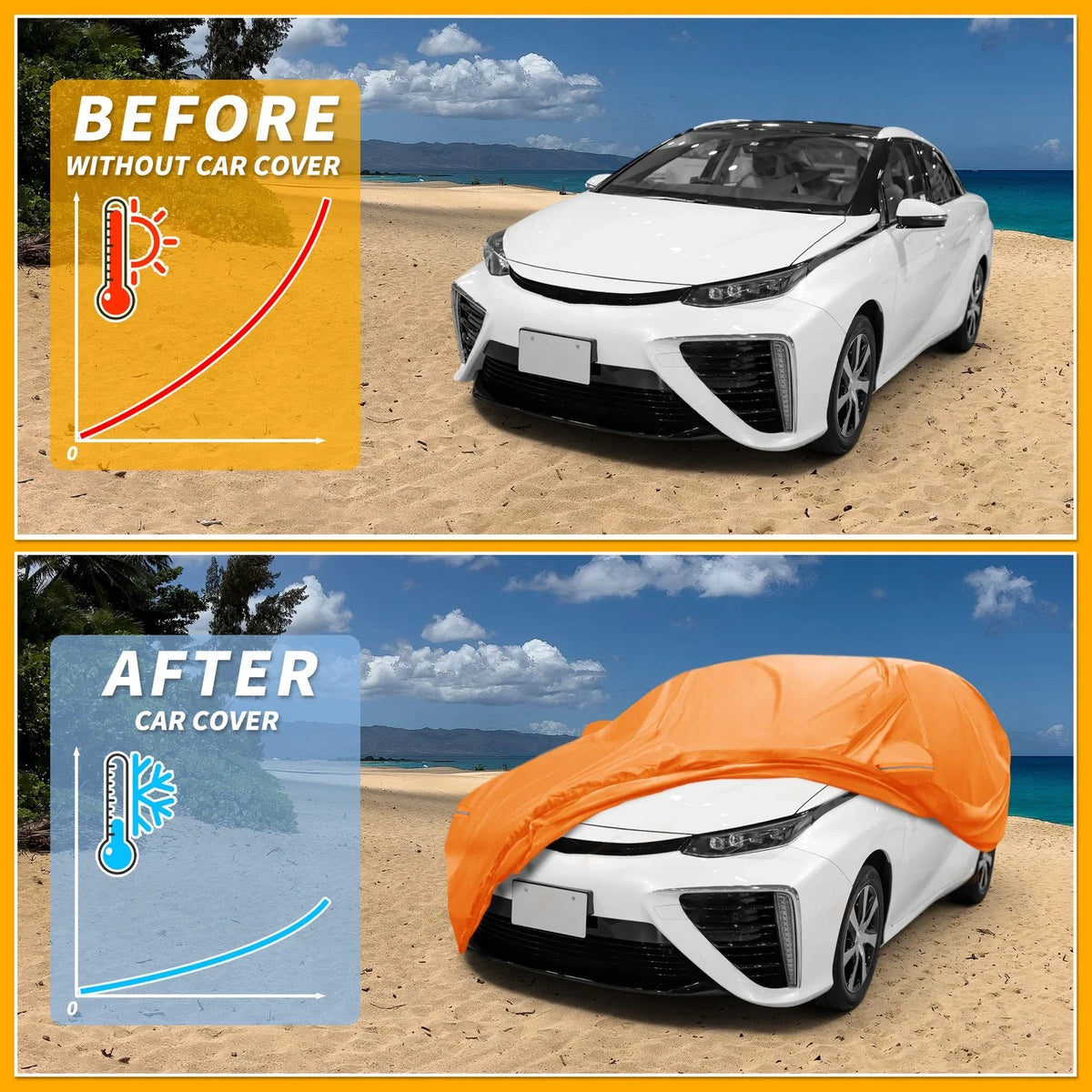 Waterproof Car Cover for Toyota Prius (2010–2023) - Orange Cotton, Zipper