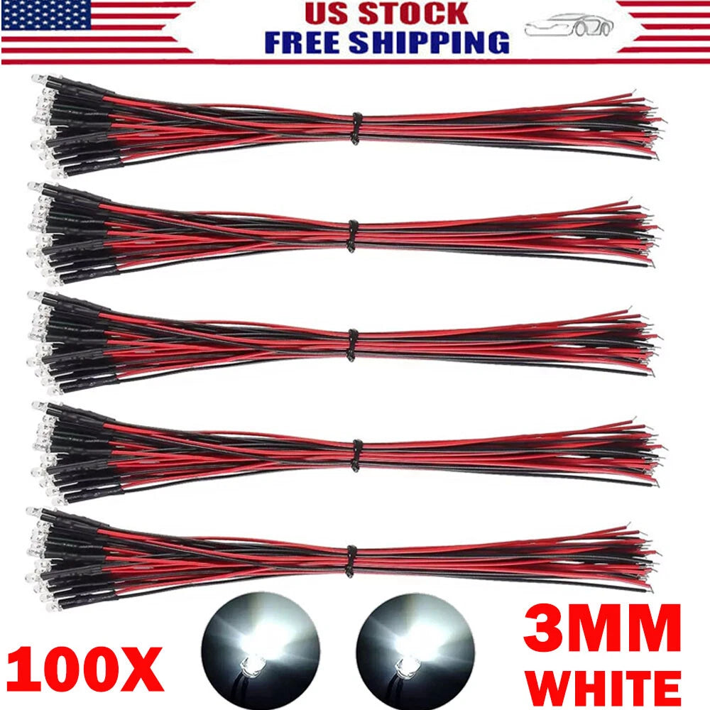 100PC 3mm White Pre Wired Micro LED Lights for Automotive Use